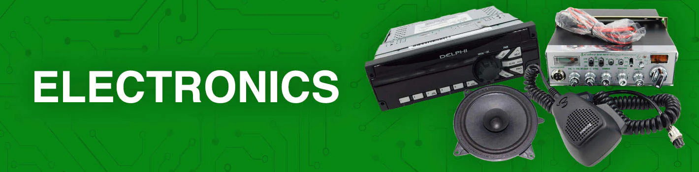 Two truck radios. The header is electronics in a white font and a green background.