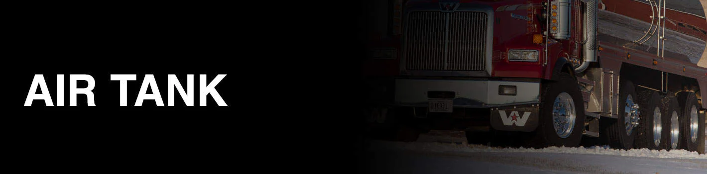 The front angle shot of a red semi-truck with Western Star mud flaps. The header is Air Tank in a white font.