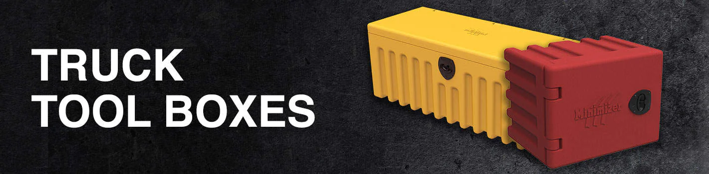 One yellow and red truck tool boxes. The header is Truck Tool Boxes in a white font.