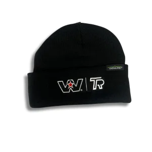 Black Western Star beanie, trucker beanie, embroidered Western Star logo, TR logo design, fold-over cuff beanie, knit winter hat, warm and comfortable beanie, stylish black beanie, Crossland tag beanie, durable knit material, one-size-fits-all beanie, per