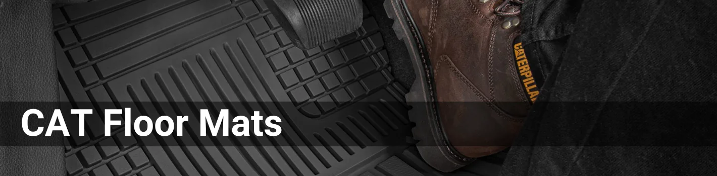 Closeup shot of a boot and a floor mat. The image header is CAT Floor Mats in white font.