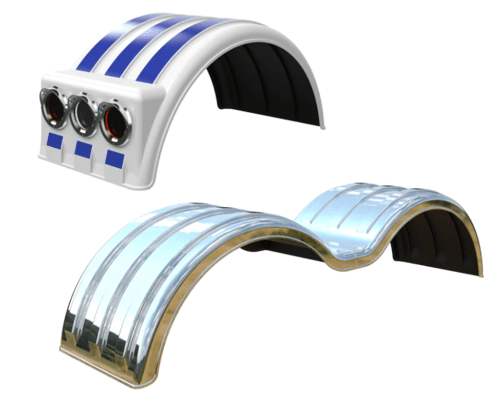 Two truck fenders. The fender on top is white and blue. The fender below it is silver.