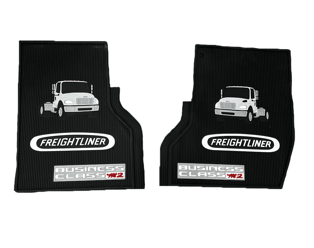 Two black Freightliner Floor Mats with the Freightliner Logo