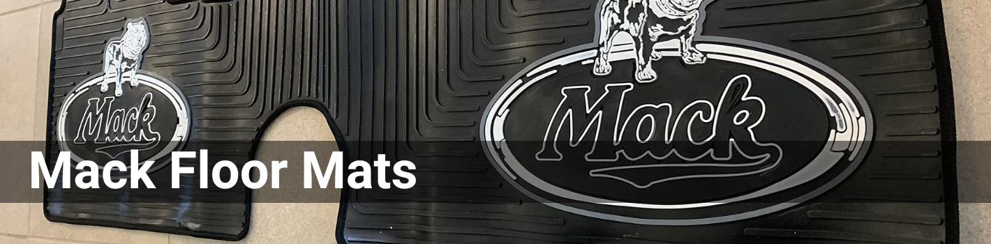 Closeup side angle shot of a black Mack Truck Floor Mat. The header is Mack Floor Mats in white font.