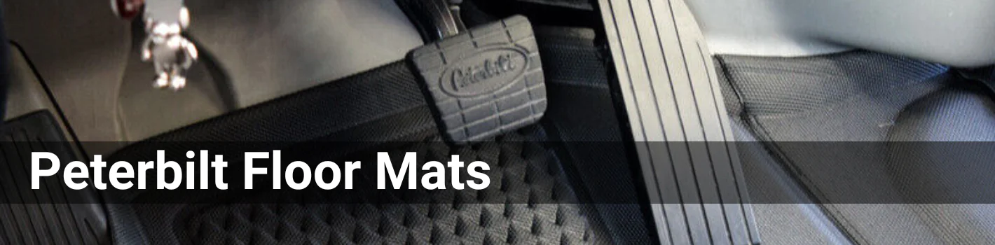 Closeup shot of Peterbilt Pedals and black mat. The header is Peterbilt Floor Mats in white font.