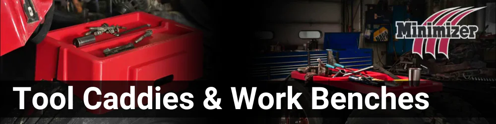 Red Tool caddie and work bench. The header is Tool Caddies & Work Benches in a white font. And the Minimizer logo is in the upper right-hand corner.