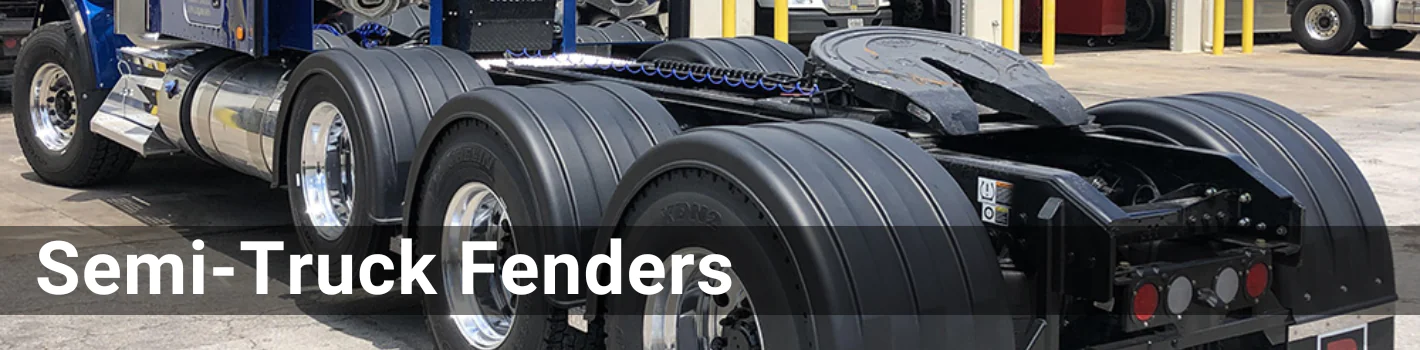 The back of a semi-truck. The header is Semi-Truck Fenders in white font.