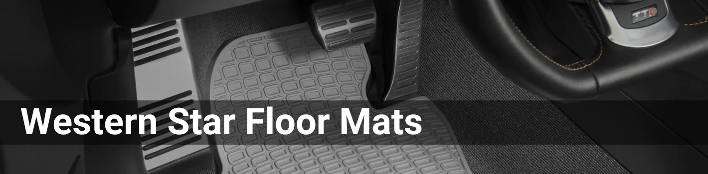 Closeup shot of a floor mat and pedal. The header is Western Star Floor Mats in white font.