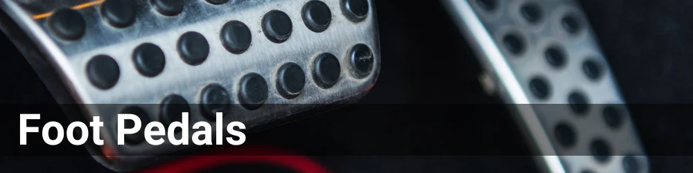 Closeup of chrome foot pedals. The header is Foot Pedals in a white font.