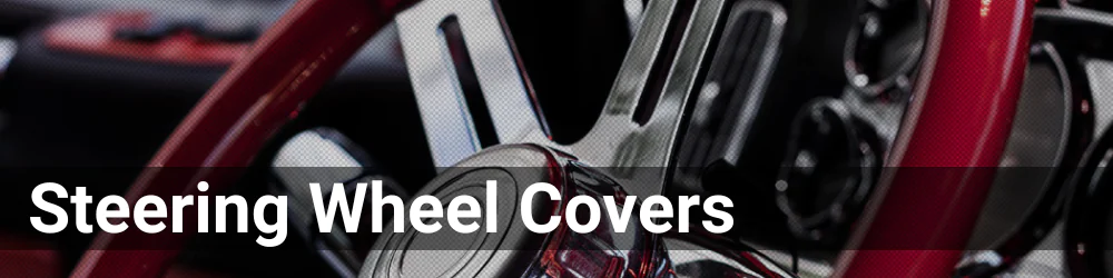 Closeup of a red and chrome steering wheel and cover. The header is Steering Wheel Covers in a white font.
