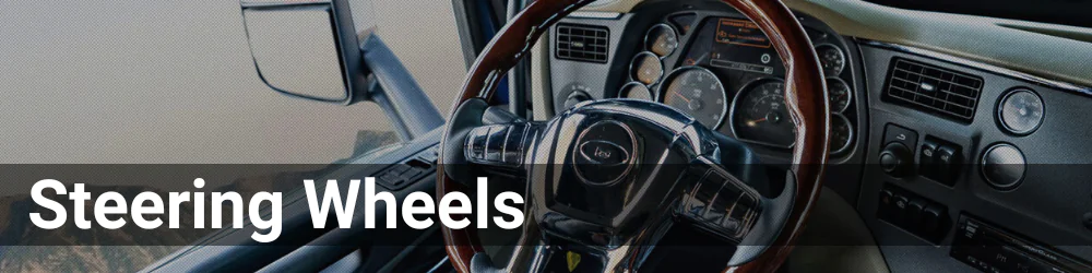 A semi-truck's dashboard and steering wheel. The header is Steering Wheels in a white font.