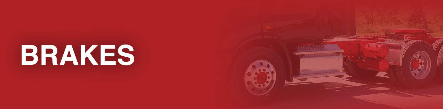 Side angle of a semi-truck. The header is brakes and it is in a white font.