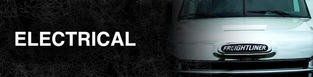 Front of a Freightliner semi-truck. The header is electrical and is in a white font.