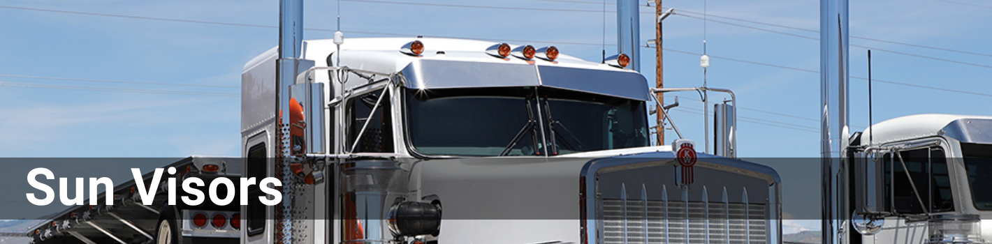 Closeup of a tractor trailer with sun visors. The header is Sun Visors in a white font.