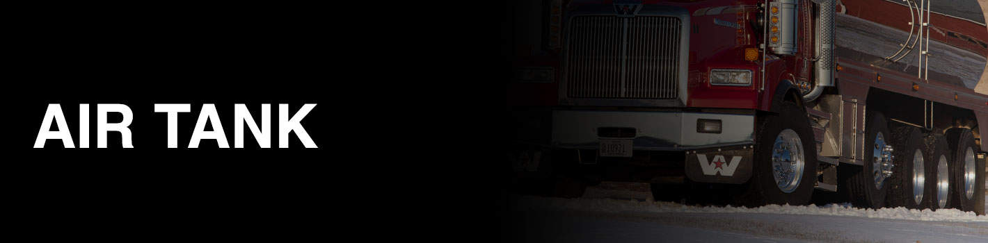 The front angle shot of a red semi-truck with Western Star mud flaps. The header is Air Tank in a white font.