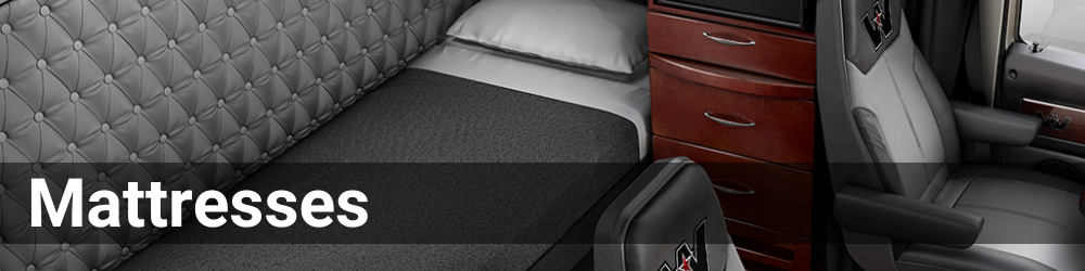 The interior of a semi-truck includes a truck mattress, drawer, and two seats. The header is Mattresses in white font.
